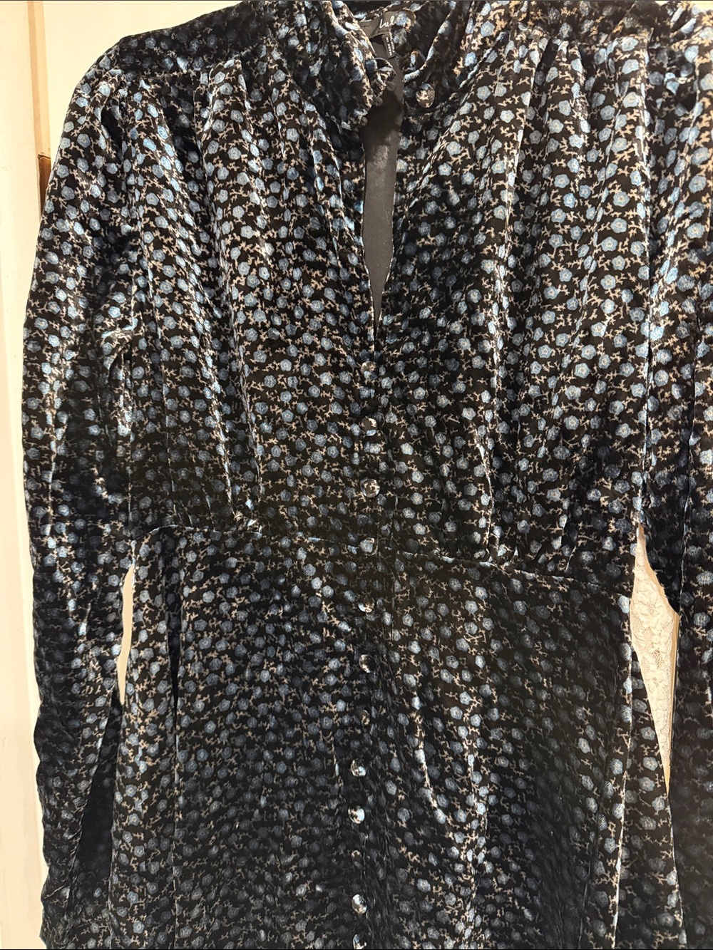 Lulu's Black Velvet Trench Coat with Light Blue Floral Motif